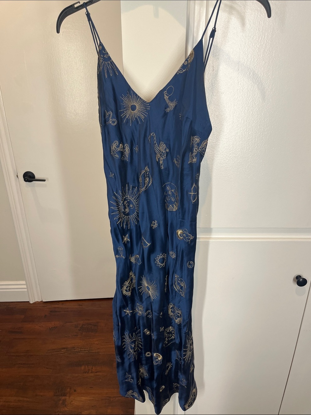 Realisation Par Navy Slip Dress with Gold Celestial Motif